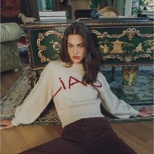 With Jean Cream Knit Crewneck Sweater with Red Script